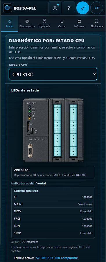 CPU 313C e indicadores del frontal de BOJ S7-PLC en un teléfono