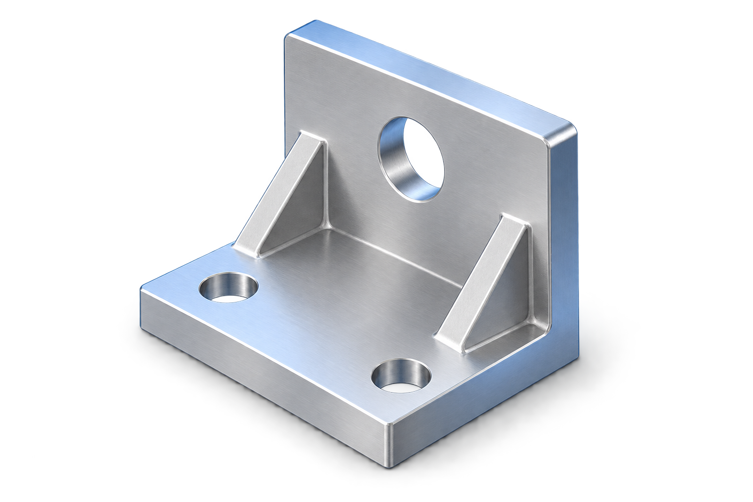 Illustration of a 3D mechanical mounting bracket with bolt holes and triangular gussets